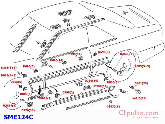 Schemat montażu spinek listwy Mercedes E-Klass W124 Coupe - SME124C